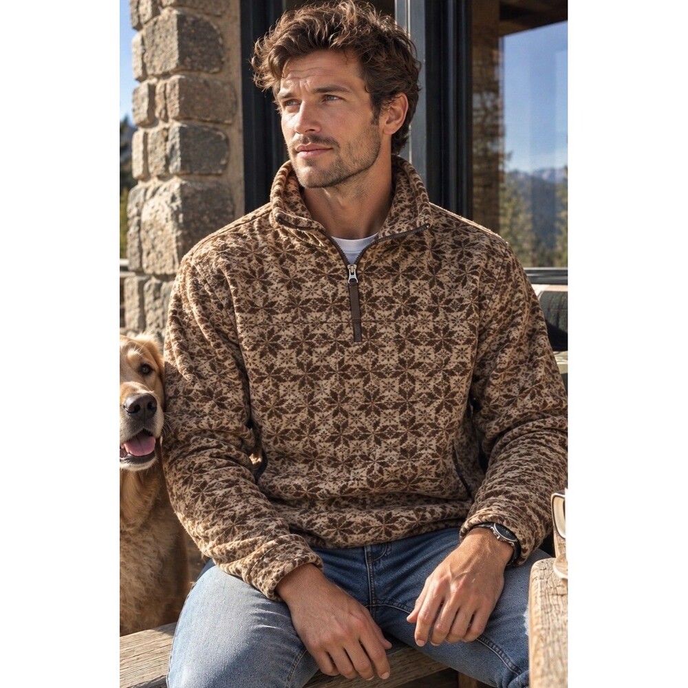 J Crew Sweater Mens L Wool Blend Sherpa Fleece 1/4 Zip Brown Nordic Snowflake